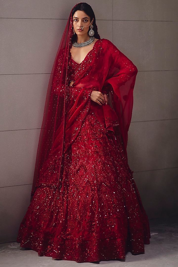Blood red Net & Organza Embroidered Bridal Lehenga Set by AWIGNA BY VARSHA & RITTU at Pernia's Pop Up Shop