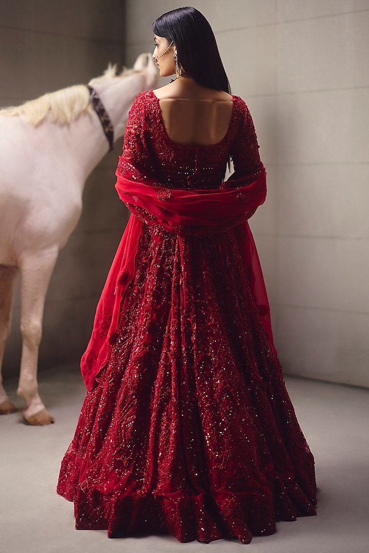 Blood red Net & Organza Embroidered Bridal Lehenga Set by AWIGNA BY VARSHA & RITTU at Pernia's Pop Up Shop