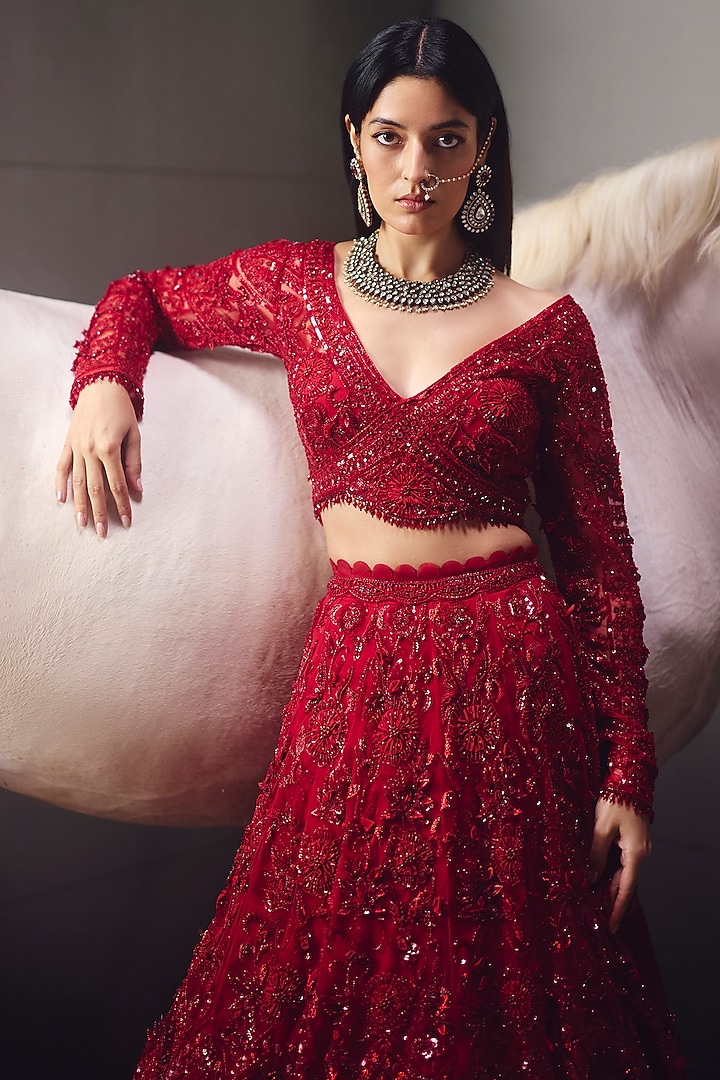 Blood red Net & Organza Embroidered Bridal Lehenga Set by AWIGNA BY VARSHA & RITTU at Pernia's Pop Up Shop
