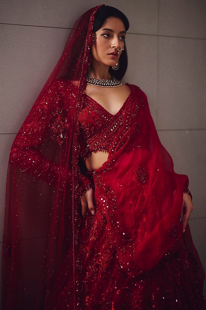 Blood red Net & Organza Embroidered Bridal Lehenga Set by AWIGNA BY VARSHA & RITTU at Pernia's Pop Up Shop