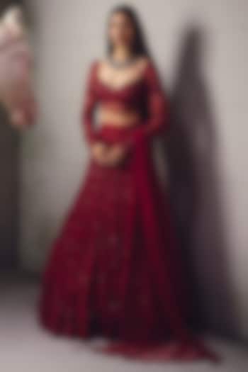 Red Net Embroidered Bridal Lehenga Set by AWIGNA BY VARSHA & RITTU at Pernia's Pop Up Shop