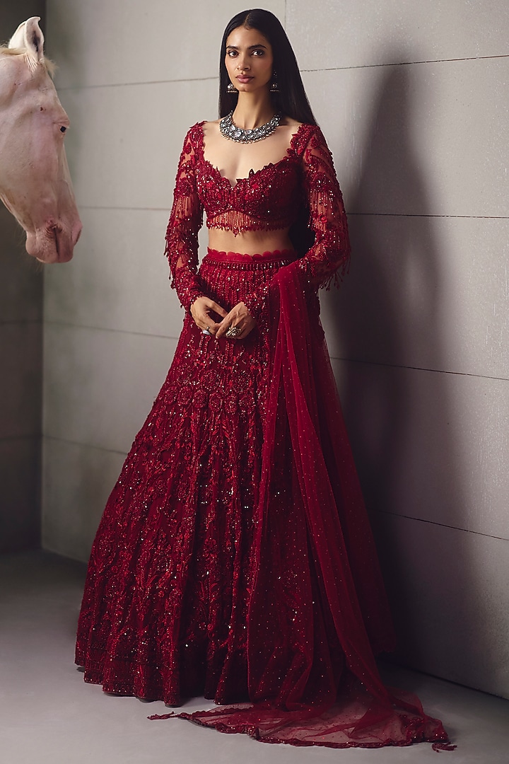 Red Net Embroidered Bridal Lehenga Set by AWIGNA BY VARSHA & RITTU at Pernia's Pop Up Shop