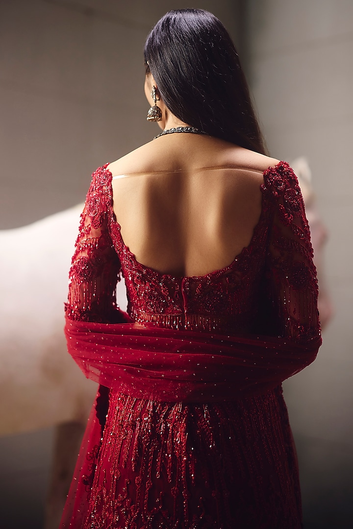 Red Net Embroidered Bridal Lehenga Set by AWIGNA BY VARSHA & RITTU at Pernia's Pop Up Shop