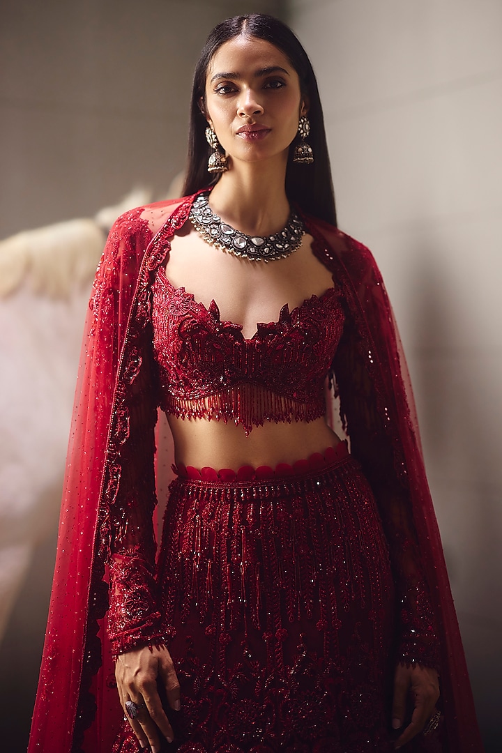 Red Net Embroidered Bridal Lehenga Set by AWIGNA BY VARSHA & RITTU at Pernia's Pop Up Shop