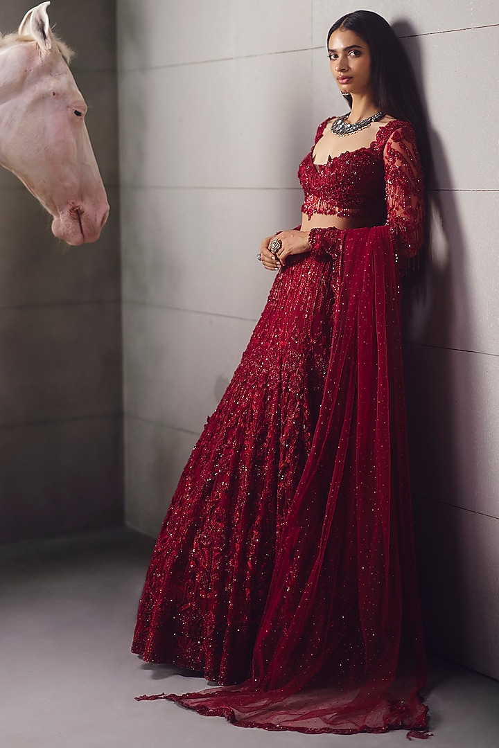Red Net Embroidered Bridal Lehenga Set by AWIGNA BY VARSHA & RITTU at Pernia's Pop Up Shop