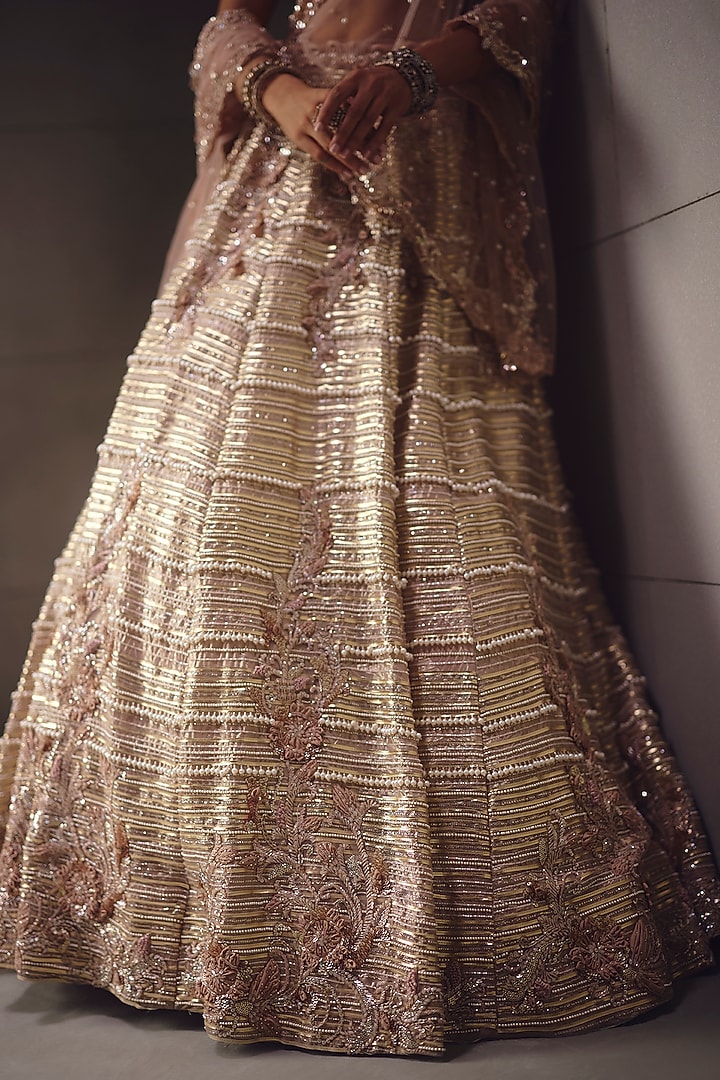 Dusty Pink Shimmer Georgette & Net Embroidered Bridal Lehenga Set by AWIGNA BY VARSHA & RITTU at Pernia's Pop Up Shop
