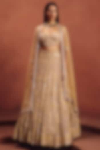 Champagne Net & Sequins Embroidered Bridal Lehenga Set by AWIGNA BY VARSHA & RITTU at Pernia's Pop Up Shop