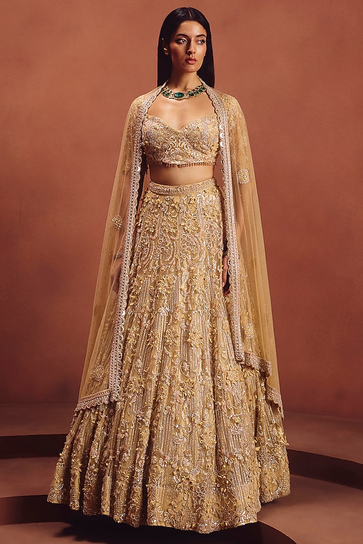 Champagne Net & Sequins Embroidered Bridal Lehenga Set by AWIGNA BY VARSHA & RITTU at Pernia's Pop Up Shop
