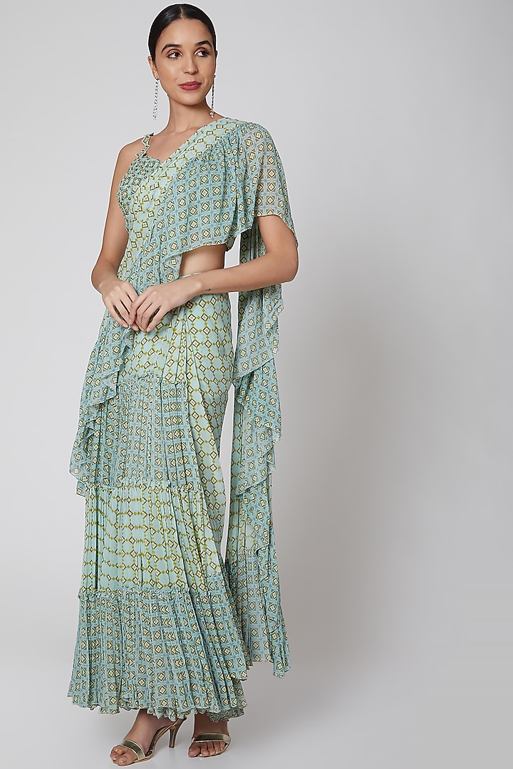 Mint Green Printed Pre-Stitched Saree Set by AWIGNA BY VARSHA & RITTU