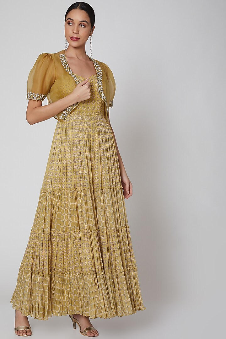 Yellow Layered Jumpsuit With Jacket, Belt & Bag by AWIGNA BY VARSHA & RITTU at Pernia's Pop Up Shop