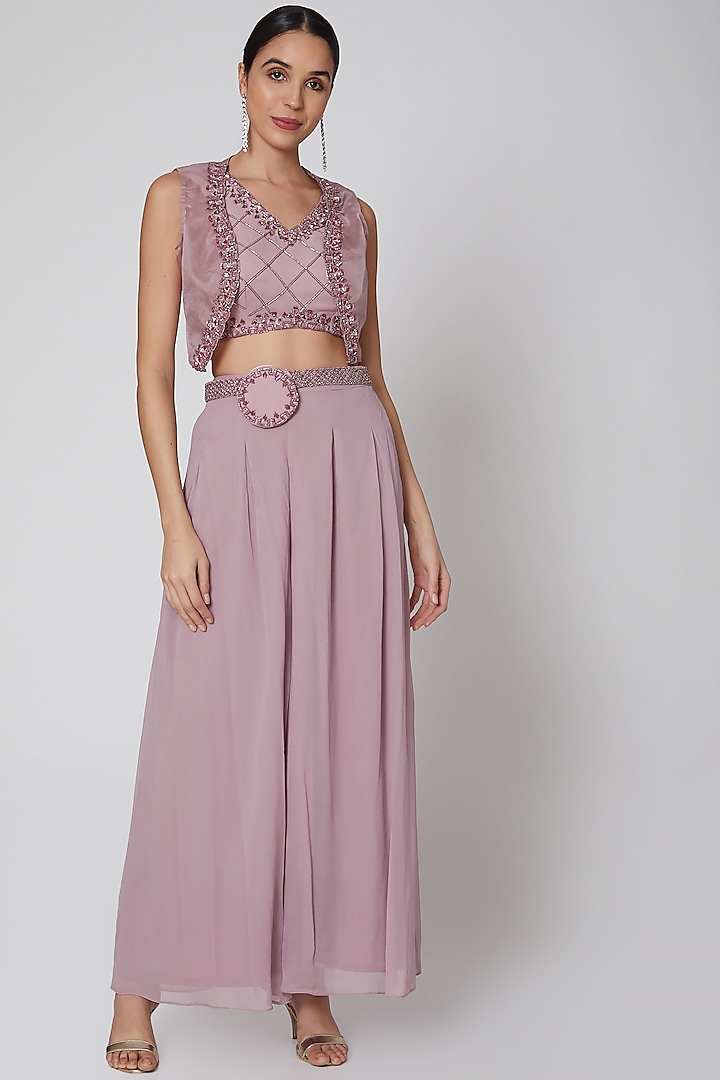 Mauve Embroidered Cape Set With Belt & Bag by AWIGNA BY VARSHA & RITTU