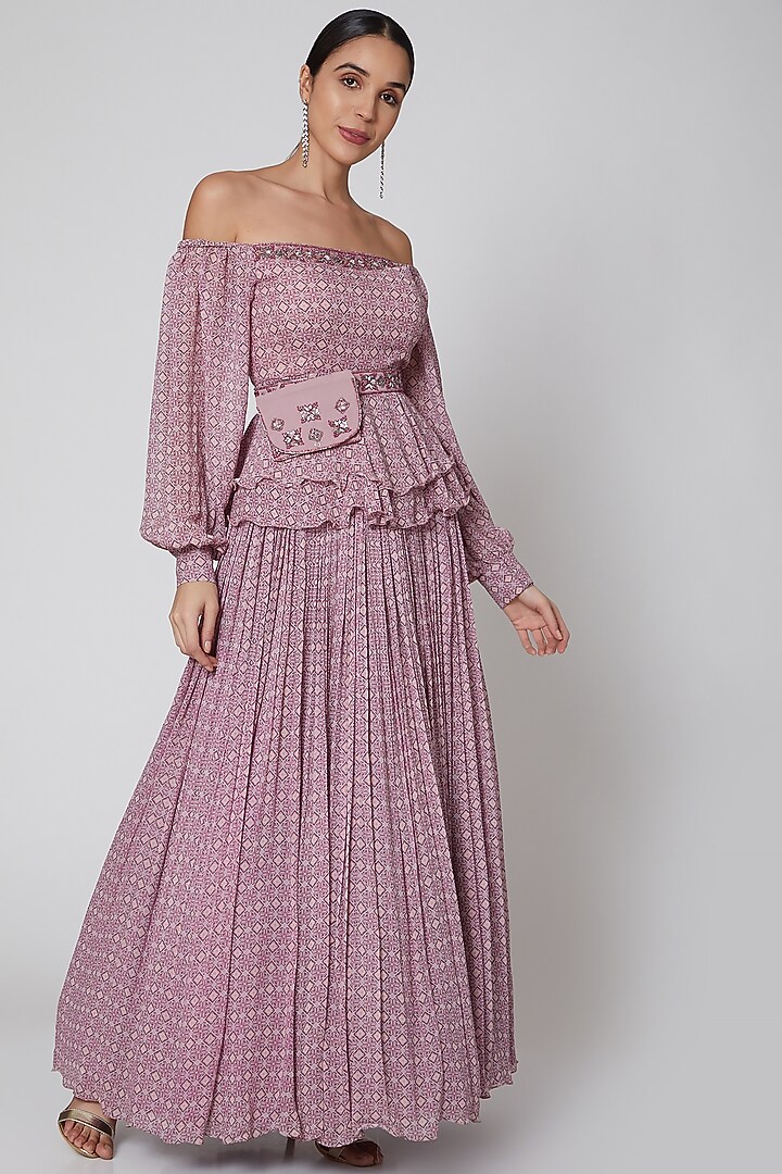 Mauve Skirt Set With Belt & Bag by AWIGNA BY VARSHA & RITTU at Pernia's Pop Up Shop