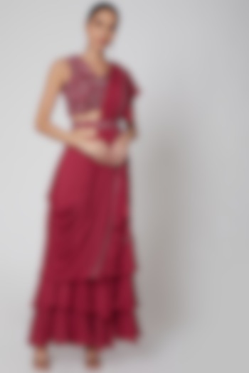 Fuchsia Pre Stitched Saree Set With Belt by AWIGNA BY VARSHA & RITTU