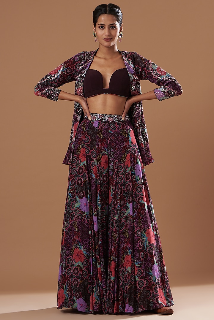 Wine Embroidered & Printed Jacket Set by AWIGNA BY VARSHA & RITTU