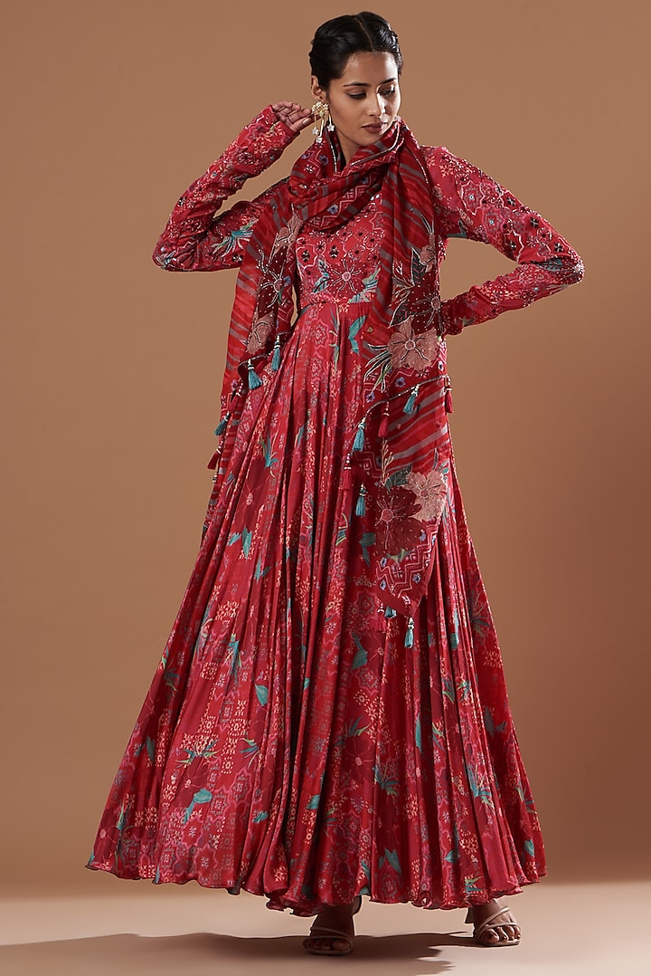 Fuchsia Embroidered & Printed Anarkali Set by AWIGNA BY VARSHA & RITTU