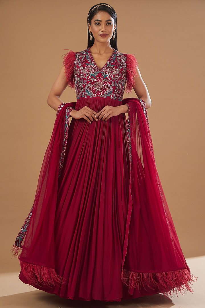 Fuschia Hand Embroidered Gown With Dupatta by AWIGNA BY VARSHA & RITTU
