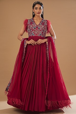 Fuschia Hand Embroidered Gown With Dupatta by AWIGNA BY VARSHA & RITTU