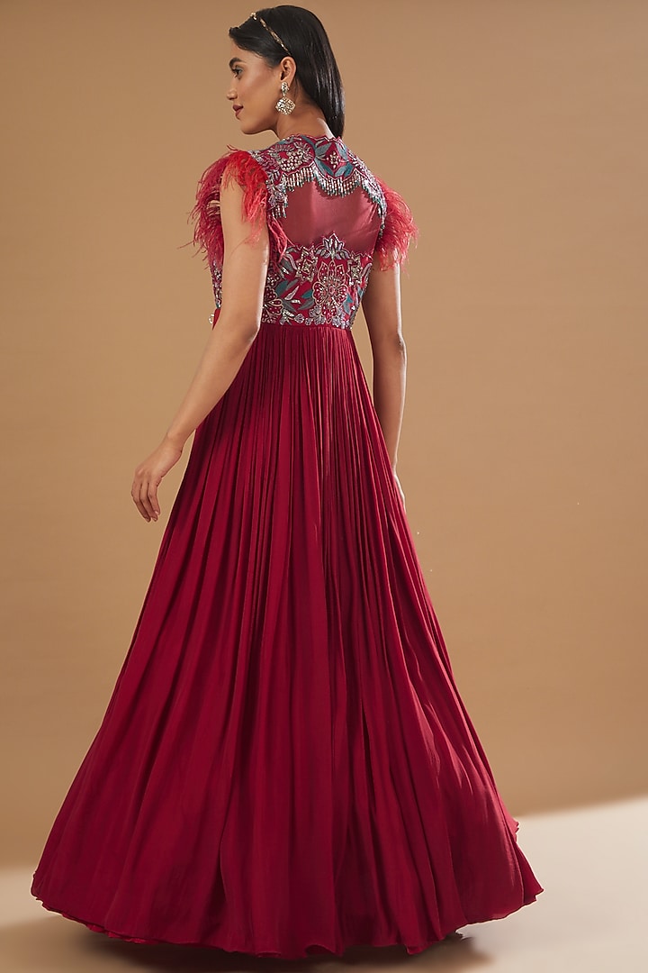 Fuschia Hand Embroidered Engagement Gown With Dupatta by AWIGNA BY VARSHA & RITTU at Pernia's Pop Up Shop
