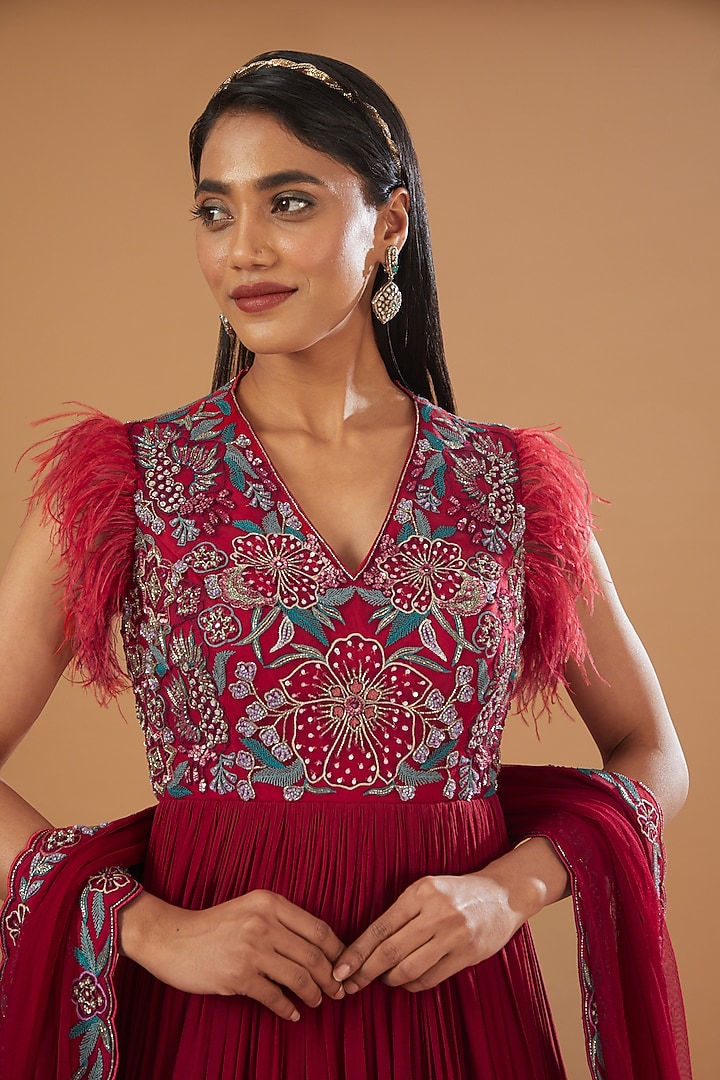 Fuschia Hand Embroidered Engagement Gown With Dupatta by AWIGNA BY VARSHA & RITTU at Pernia's Pop Up Shop