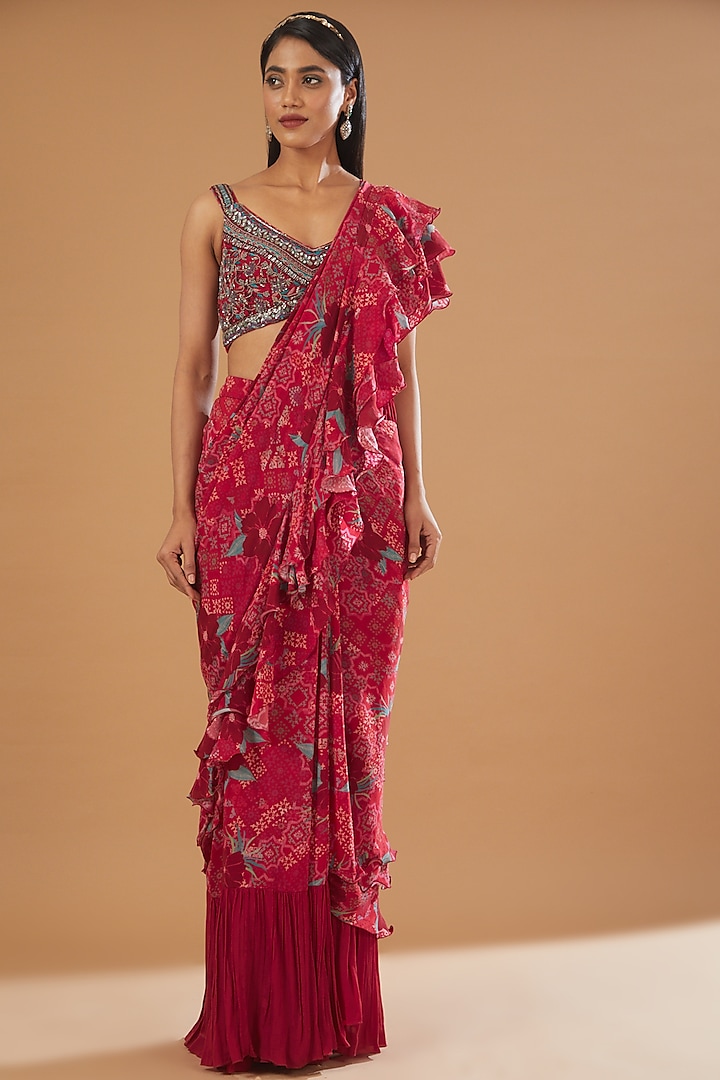 Fuschia Printed Ruffled Saree Set by AWIGNA BY VARSHA & RITTU