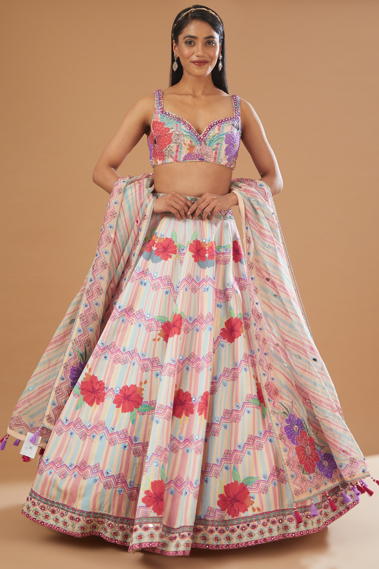 Buy Digital Printed Lehenga Choli Online - Pastel Pink Bangalore Silk  Floral Printed Lehenga Choli with Sequinsed Border
