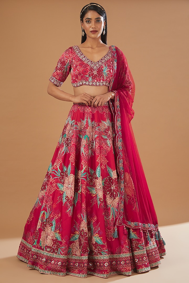 Fuschia Hand Embroidered Wedding Lehenga Set by AWIGNA BY VARSHA ...