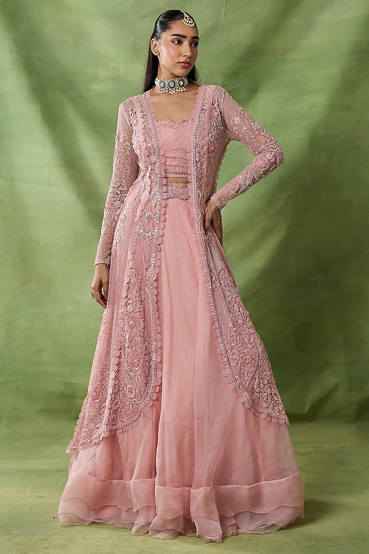 Rose Pink Organza Embroidered Jacket Set by AWIGNA BY VARSHA & RITTU at Pernia's Pop Up Shop
