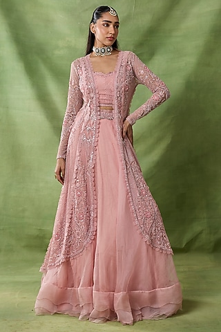 Rose Pink Organza Embroidered Jacket Set by AWIGNA BY VARSHA & RITTU