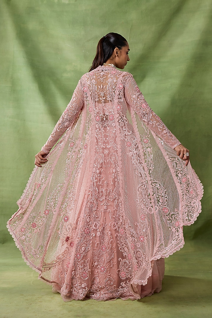 Rose Pink Organza Embroidered Jacket Set by AWIGNA BY VARSHA & RITTU at Pernia's Pop Up Shop