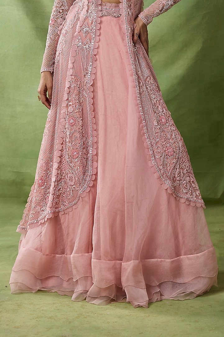 Rose Pink Organza Embroidered Jacket Set by AWIGNA BY VARSHA & RITTU at Pernia's Pop Up Shop