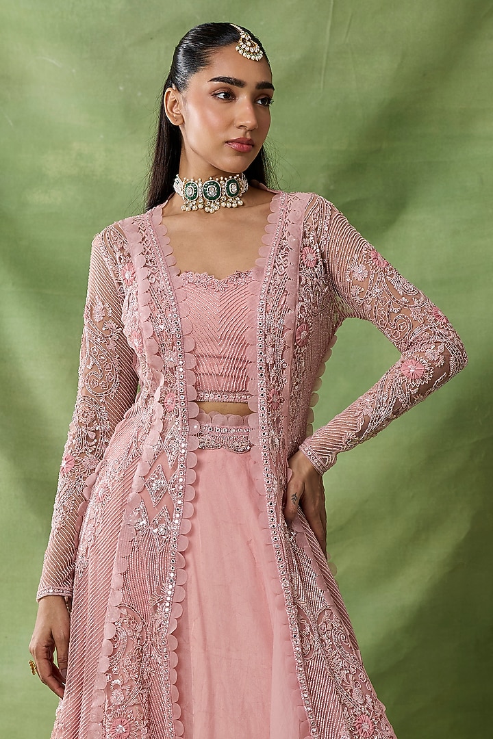 Rose Pink Organza Embroidered Jacket Set by AWIGNA BY VARSHA & RITTU at Pernia's Pop Up Shop