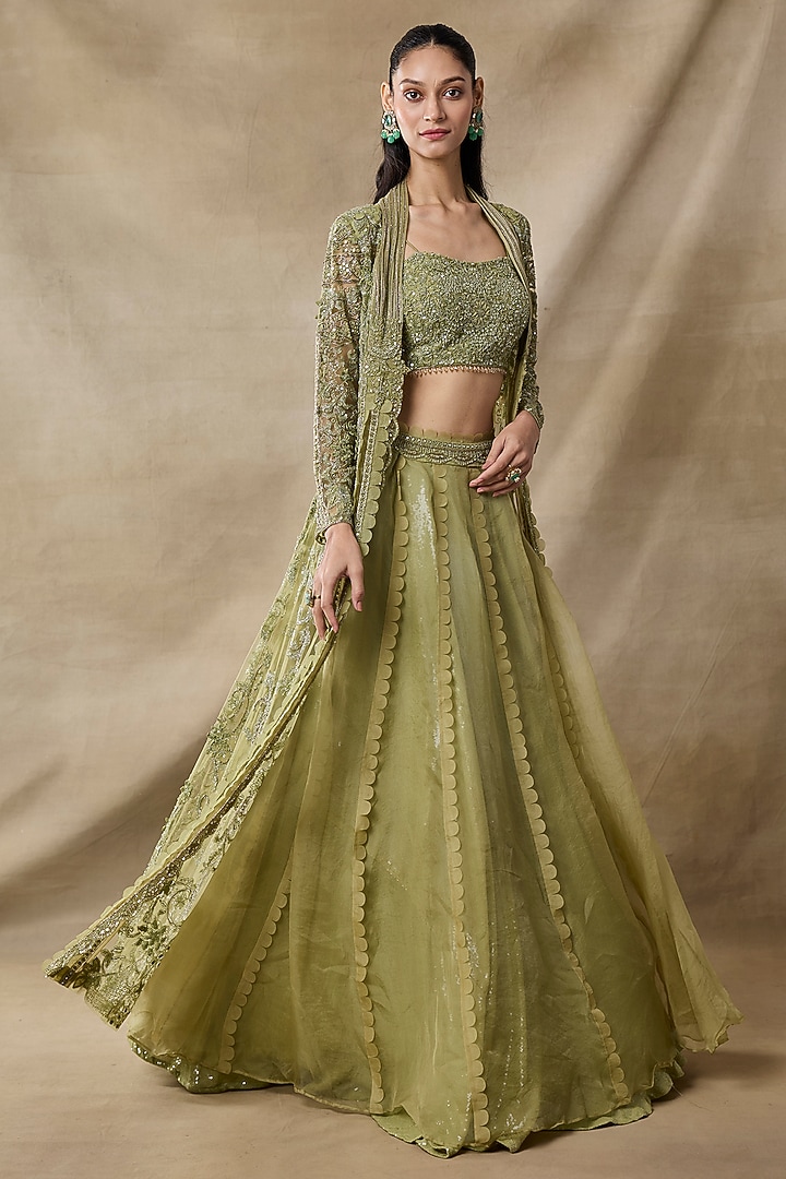 Green Organza & Net Embroidered Cape Set by AWIGNA BY VARSHA & RITTU at Pernia's Pop Up Shop