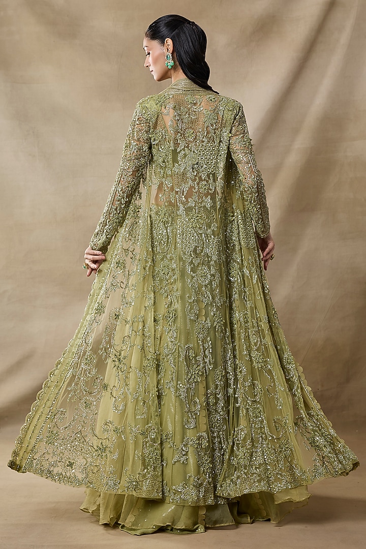 Green Organza & Net Embroidered Cape Set by AWIGNA BY VARSHA & RITTU at Pernia's Pop Up Shop