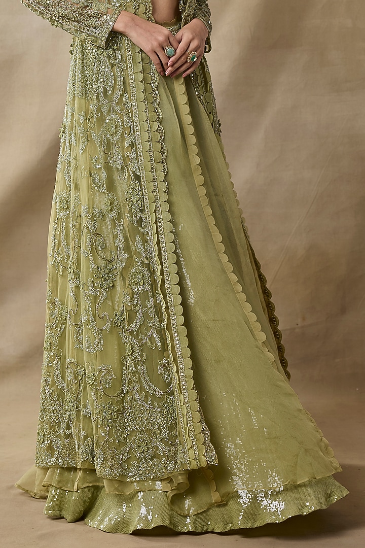 Green Organza & Net Embroidered Cape Set by AWIGNA BY VARSHA & RITTU at Pernia's Pop Up Shop