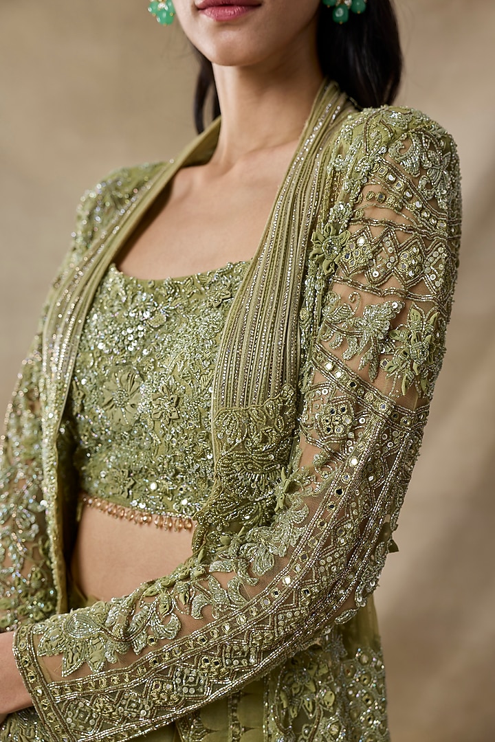 Green Organza & Net Embroidered Cape Set by AWIGNA BY VARSHA & RITTU at Pernia's Pop Up Shop