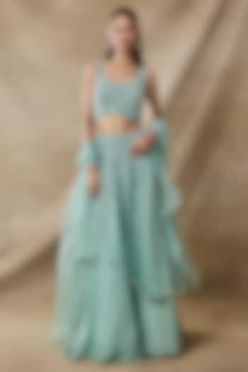 Aqua Organza & Net Cutdana Work Layered Wedding Lehenga Set by AWIGNA BY VARSHA & RITTU at Pernia's Pop Up Shop