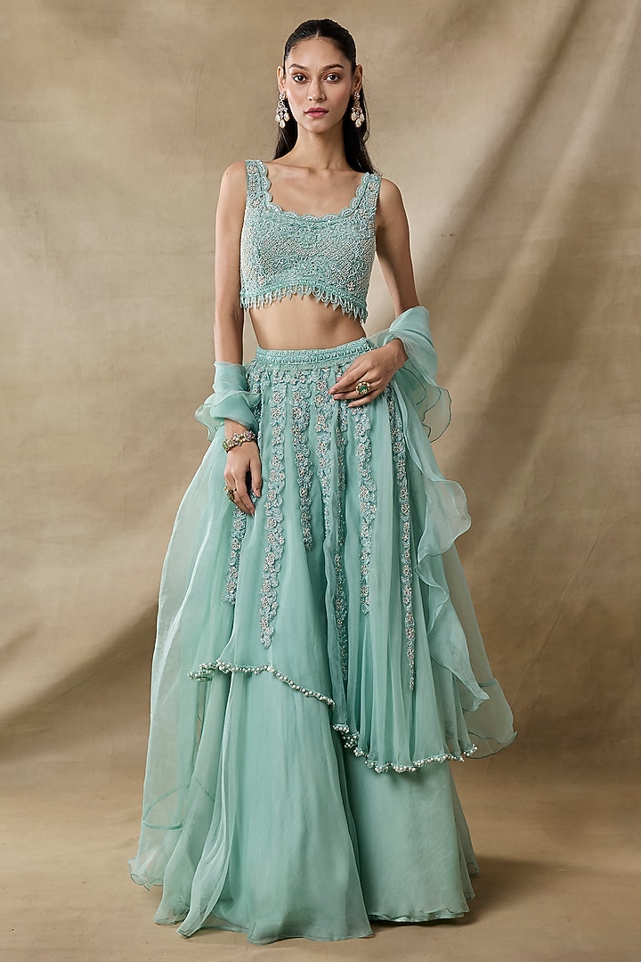 Aqua Organza & Net Cutdana Work Layered Wedding Lehenga Set by AWIGNA BY VARSHA & RITTU at Pernia's Pop Up Shop