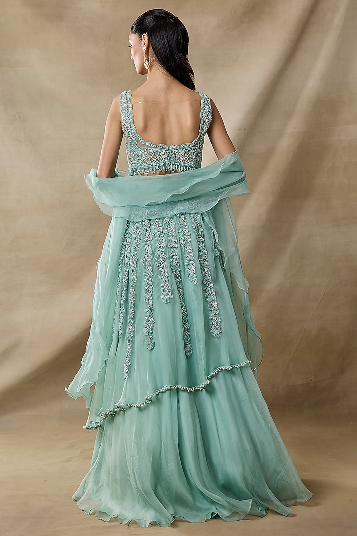 Aqua Organza & Net Cutdana Work Layered Wedding Lehenga Set by AWIGNA BY VARSHA & RITTU at Pernia's Pop Up Shop