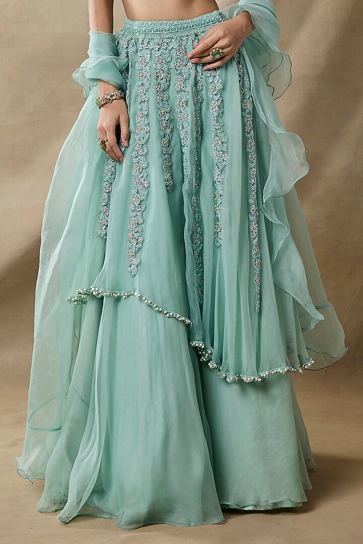 Aqua Organza & Net Cutdana Work Layered Wedding Lehenga Set by AWIGNA BY VARSHA & RITTU at Pernia's Pop Up Shop
