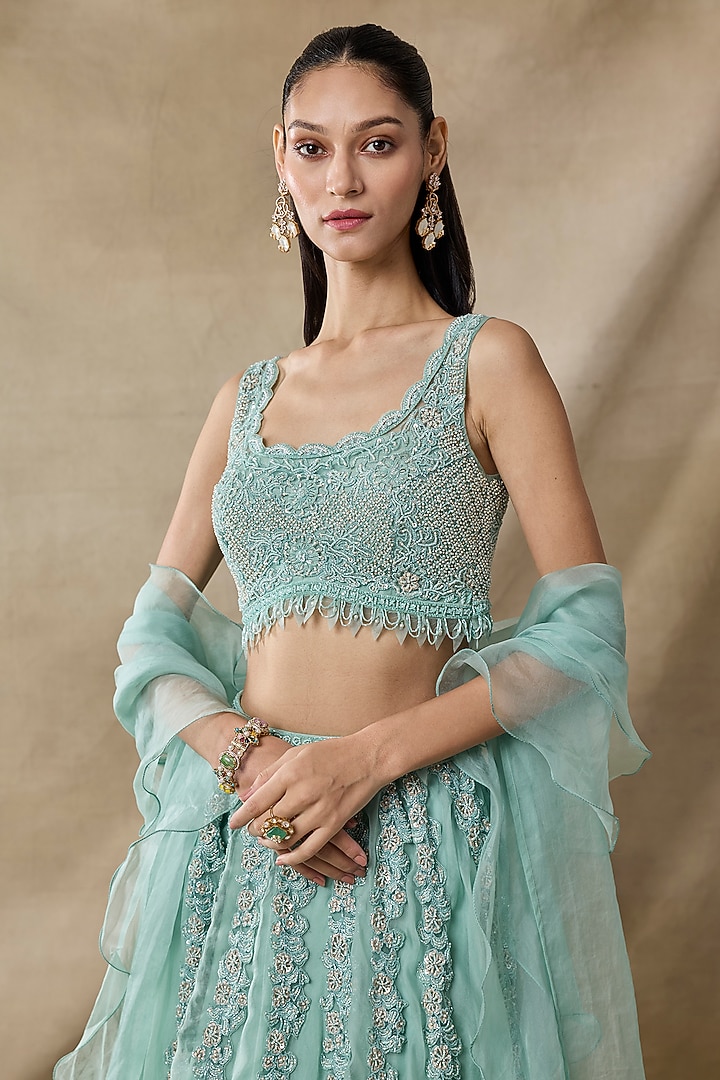 Aqua Organza & Net Cutdana Work Layered Wedding Lehenga Set by AWIGNA BY VARSHA & RITTU at Pernia's Pop Up Shop