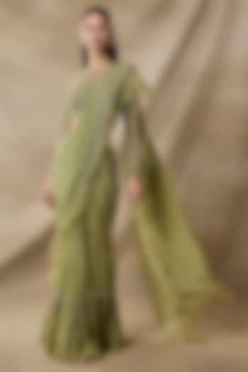 Sage Green Chiffon & Net Embellished Pre-Draped Wedding Saree Set by AWIGNA BY VARSHA & RITTU at Pernia's Pop Up Shop