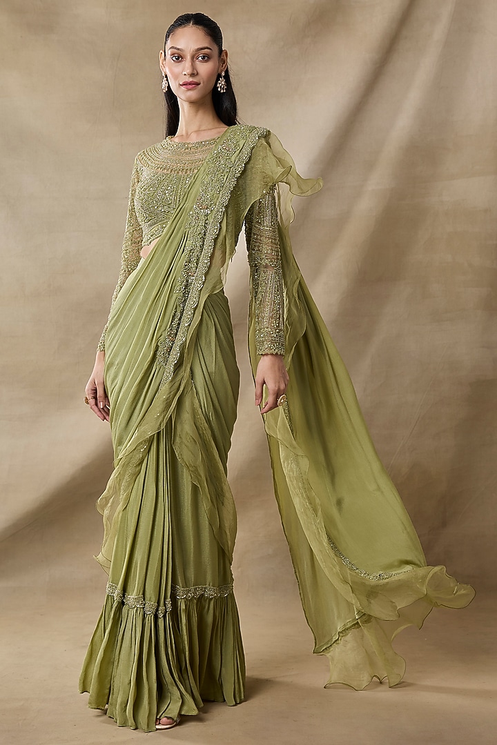 Sage Green Chiffon & Net Embellished Pre-Draped Wedding Saree Set by AWIGNA BY VARSHA & RITTU at Pernia's Pop Up Shop