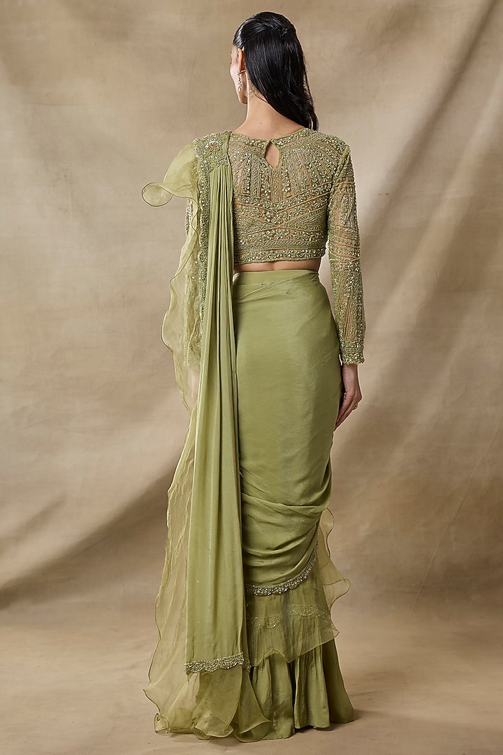 Sage Green Chiffon & Net Embellished Pre-Draped Wedding Saree Set by AWIGNA BY VARSHA & RITTU at Pernia's Pop Up Shop