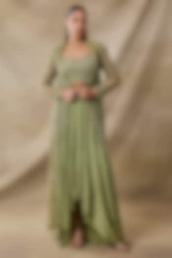 Sage Green Satin & Georgette Dhoti Skirt Set by AWIGNA BY VARSHA & RITTU at Pernia's Pop Up Shop