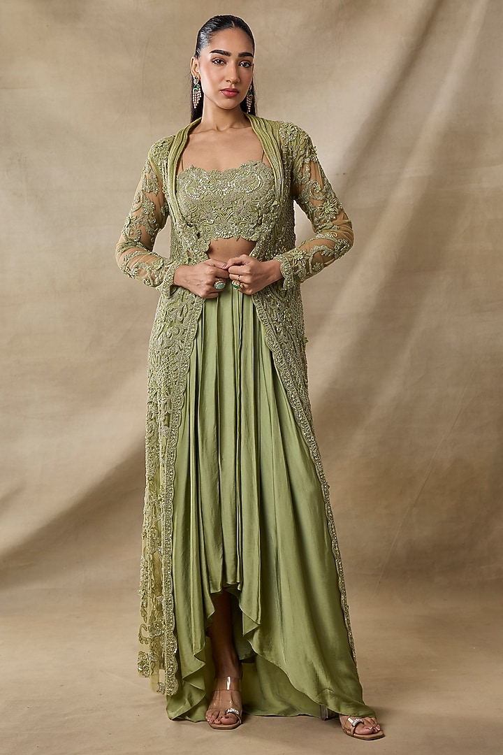 Sage Green Satin & Georgette Dhoti Skirt Set by AWIGNA BY VARSHA & RITTU at Pernia's Pop Up Shop