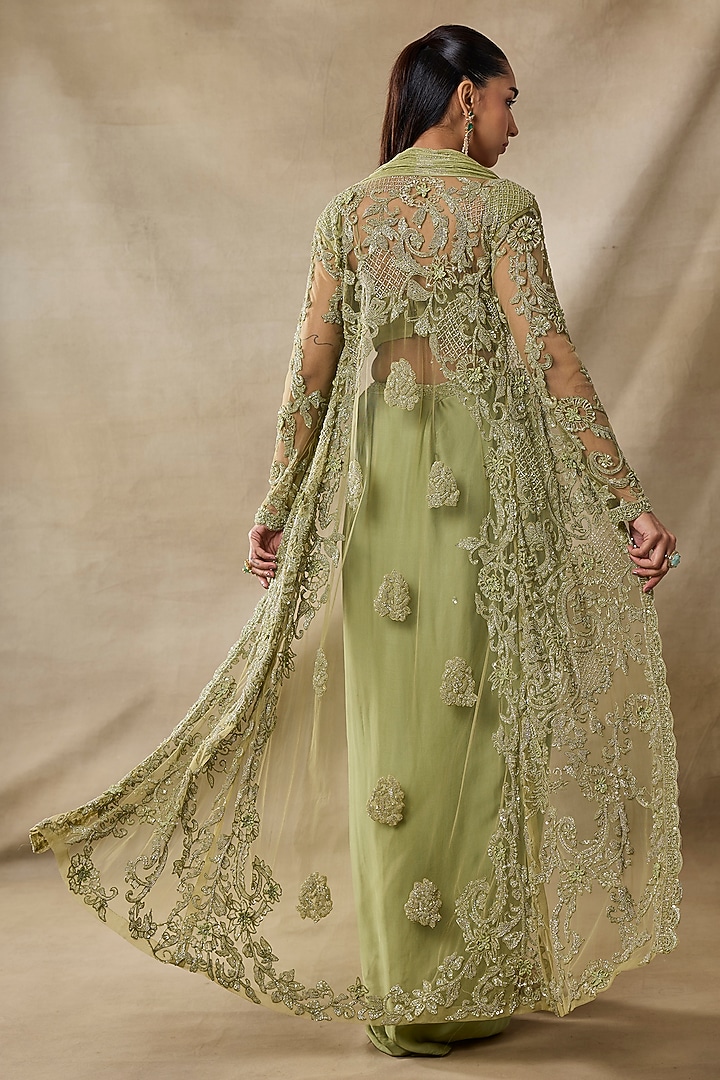 Sage Green Satin & Georgette Dhoti Skirt Set by AWIGNA BY VARSHA & RITTU at Pernia's Pop Up Shop