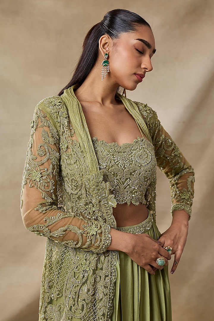 Sage Green Satin & Georgette Dhoti Skirt Set by AWIGNA BY VARSHA & RITTU at Pernia's Pop Up Shop