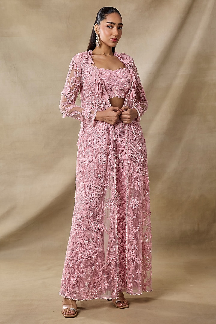 Salmon Pink Organza & Net Embroidered Cape Set by AWIGNA BY VARSHA & RITTU at Pernia's Pop Up Shop