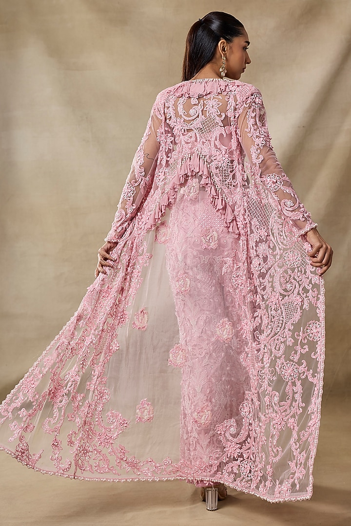 Salmon Pink Organza & Net Embroidered Cape Set by AWIGNA BY VARSHA & RITTU at Pernia's Pop Up Shop