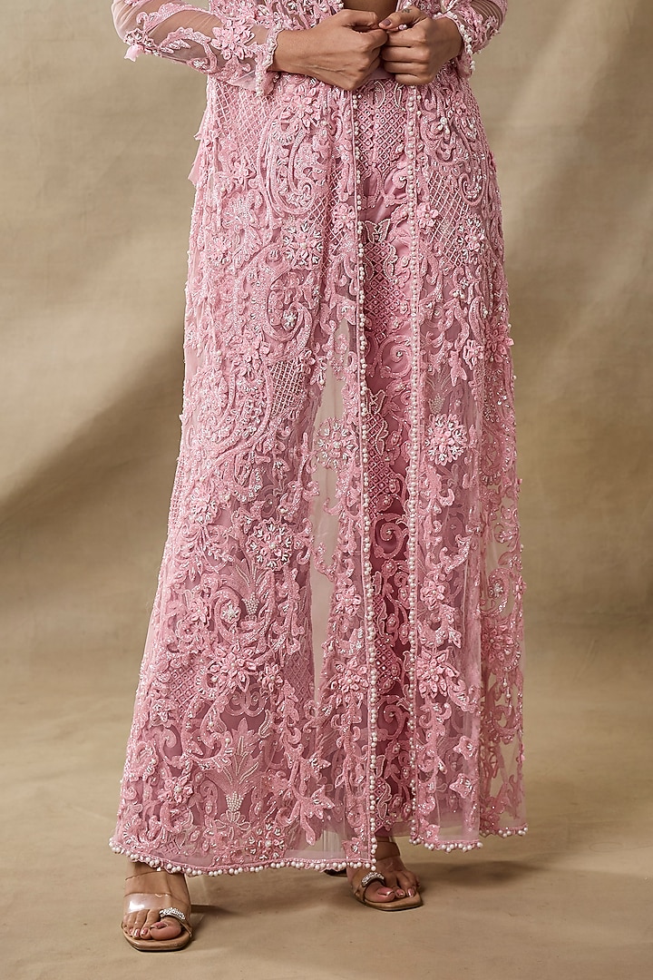Salmon Pink Organza & Net Embroidered Cape Set by AWIGNA BY VARSHA & RITTU at Pernia's Pop Up Shop